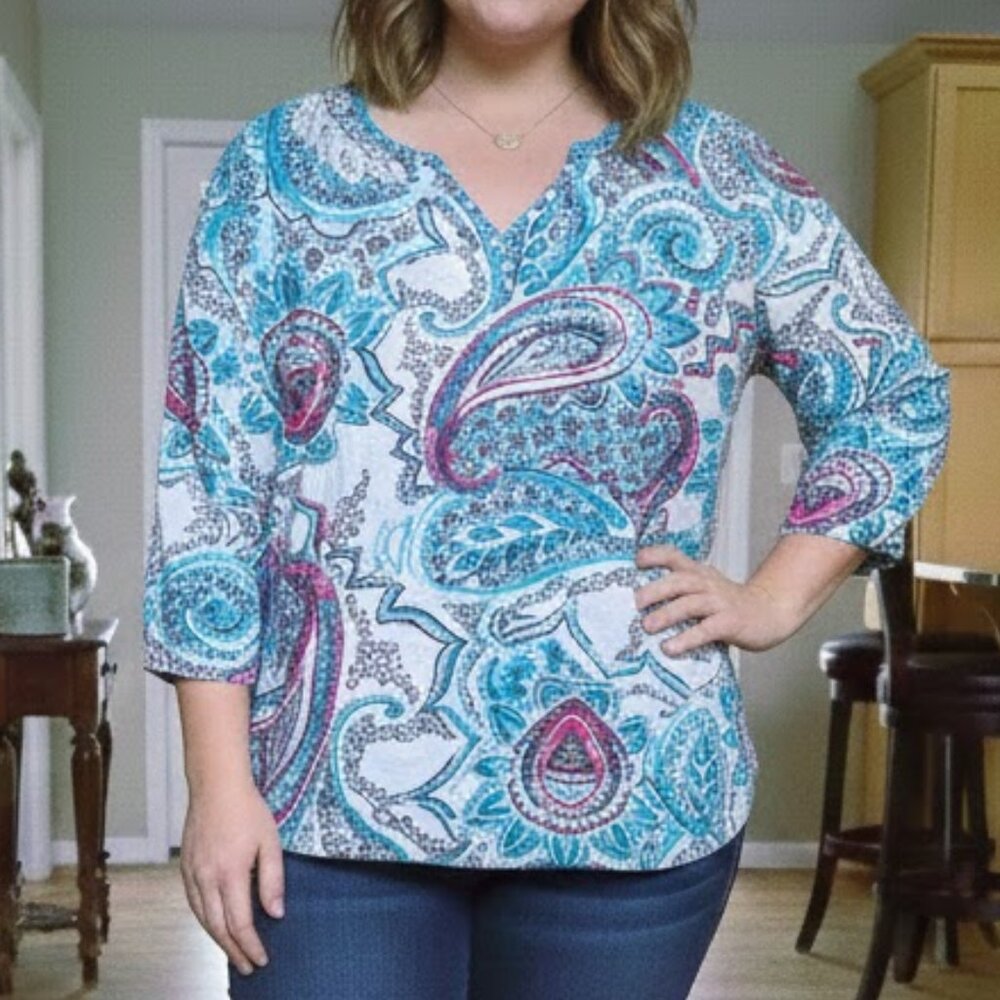 Chicos sz 2 (Large / 12) paisley print cotton long sleeve pullover shirt